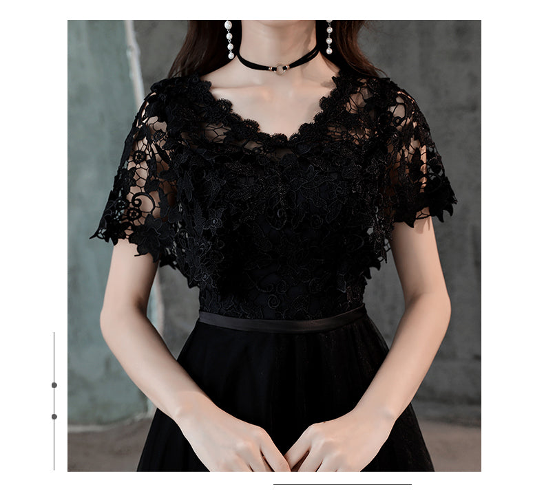 Black Lace and Tulle Long A-line Simple Evening Dress