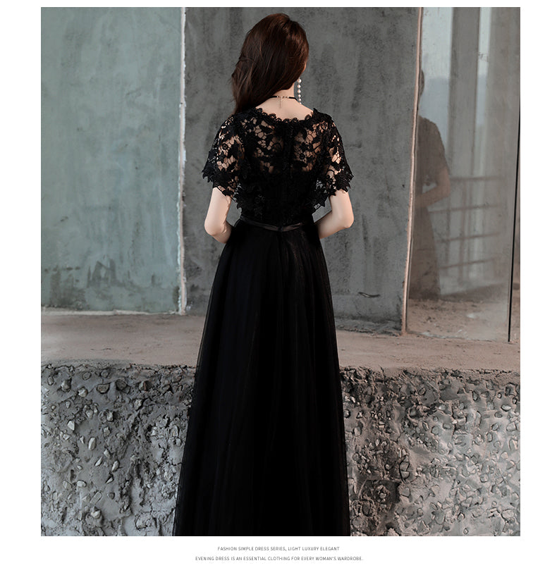 Black Lace and Tulle Long A-line Simple Evening Dress