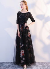 Black Satin and Lace A-line Tulle Floor Length Junior Prom Dress