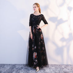 Black Satin and Lace A-line Tulle Floor Length Junior Prom Dress