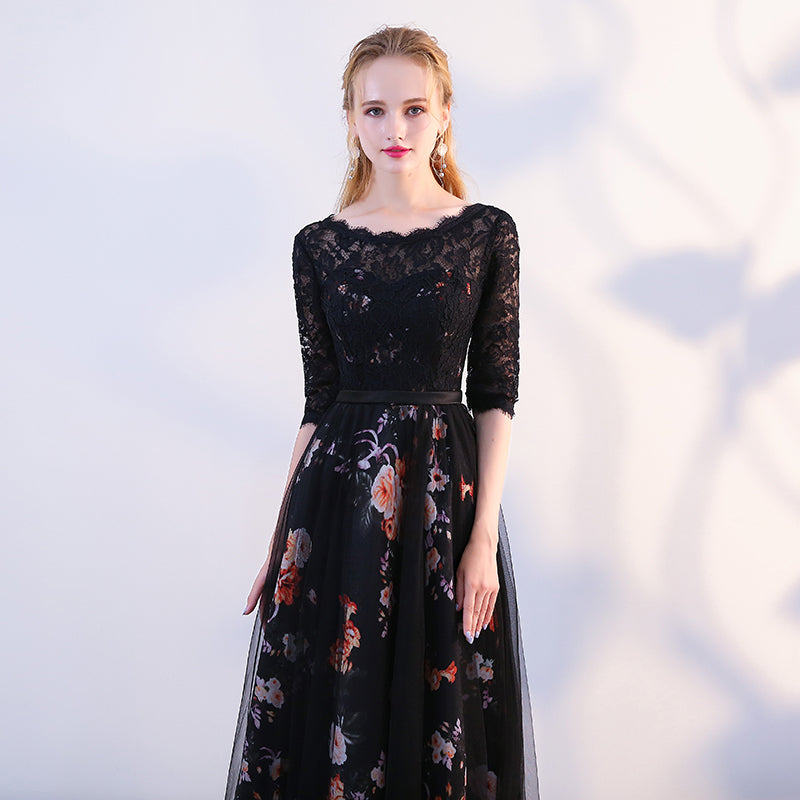 Black Satin and Lace A-line Tulle Floor Length Junior Prom Dress
