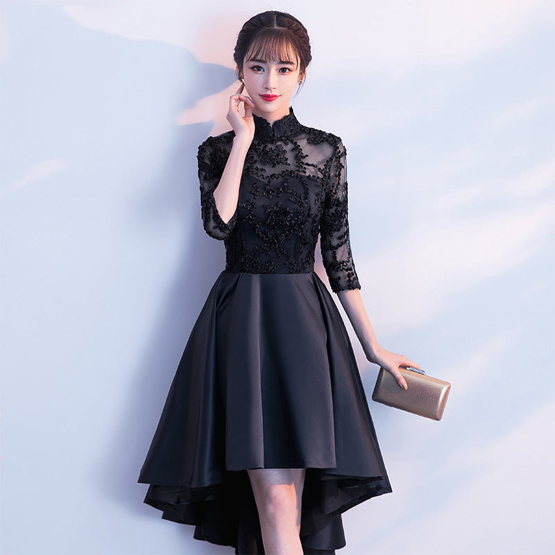 Black Satin and Lace High Neckline Cute Party Dresses