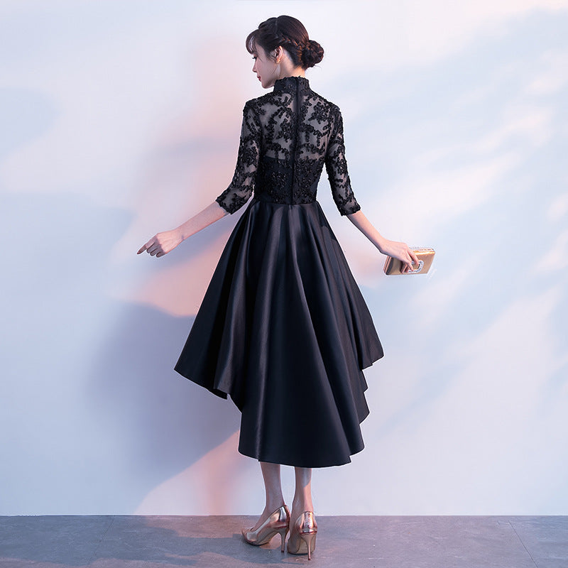 Black Satin and Lace High Neckline Cute Party Dresses