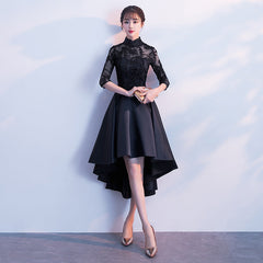 Black Satin and Lace High Neckline Cute Party Dresses