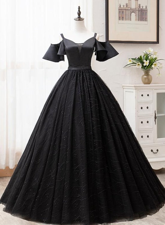 Black Satin and Tulle Ball Gown Off Shoulder Evening Dress Party Gown