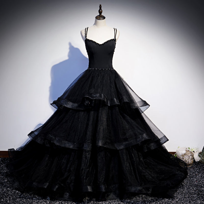 Black Tulle Layers Straps Beaded Long Evening Dress