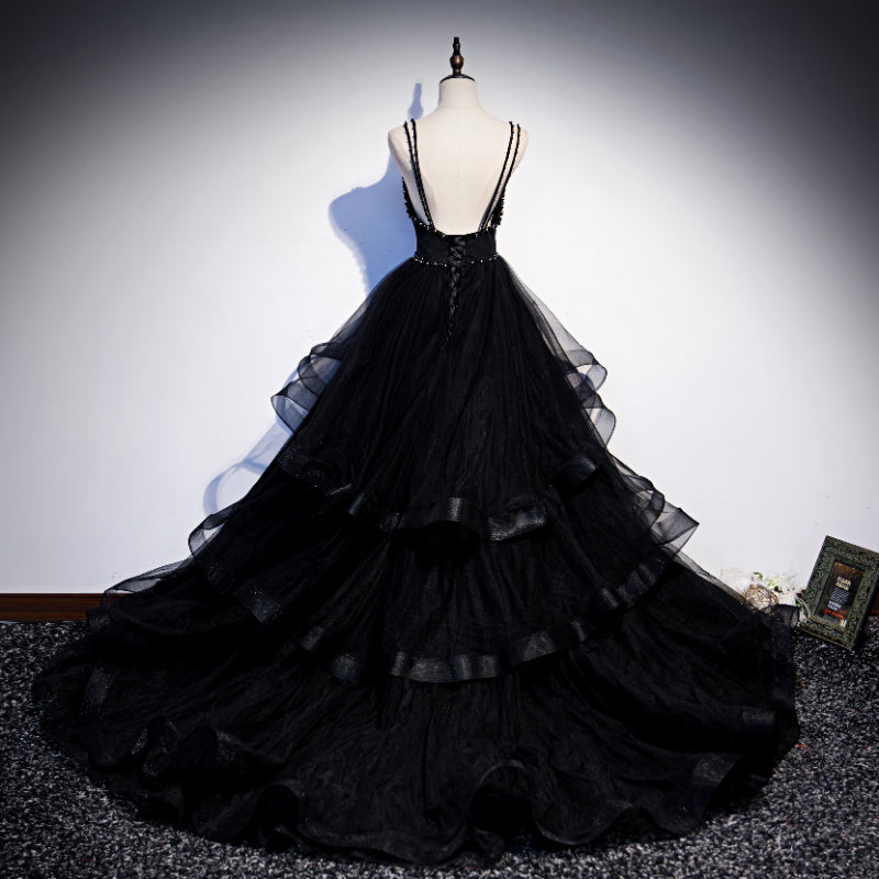 Black Tulle Layers Straps Beaded Long Evening Dress