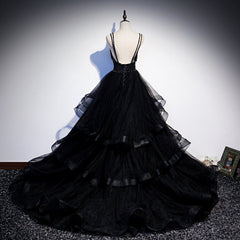 Black Tulle Layers Straps Beaded Long Evening Dress
