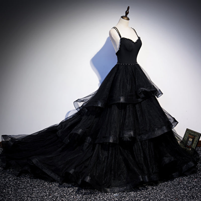 Black Tulle Layers Straps Beaded Long Evening Dress