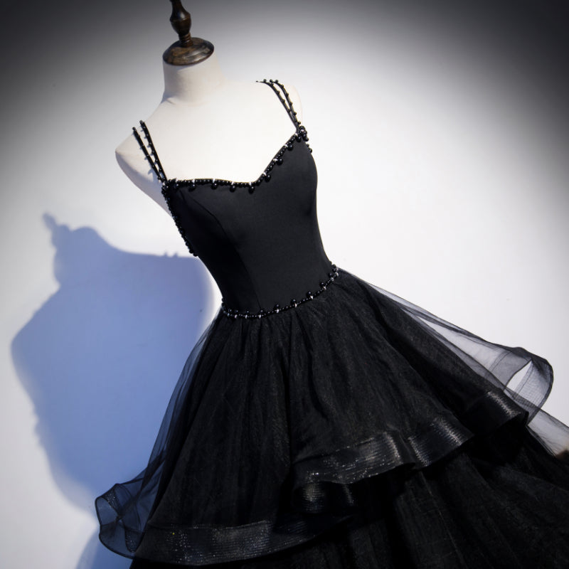 Black Tulle Layers Straps Beaded Long Evening Dress