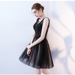Black V-neckline Knee Length Lace Applique Lace Party Dress