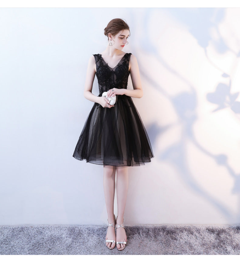 Black V-neckline Knee Length Lace Applique Lace Party Dress