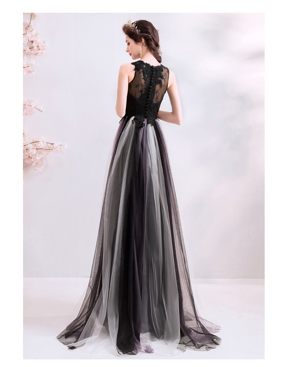 Black V-neckline Lace and Tulle Gradient Long Evening Dress Party Dress