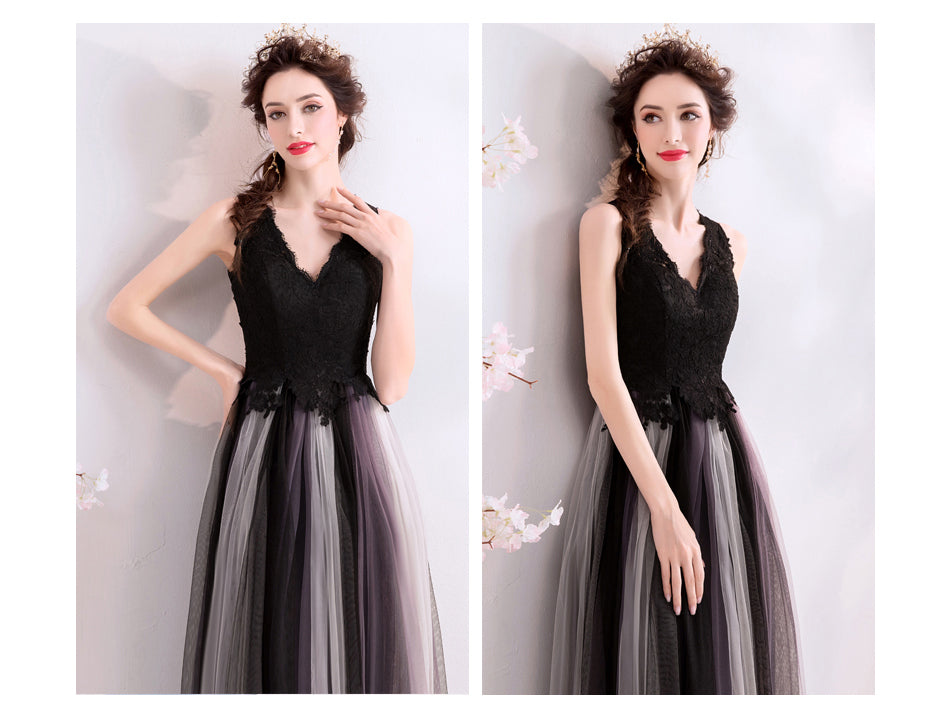 Black V-neckline Lace and Tulle Gradient Long Evening Dress Party Dress