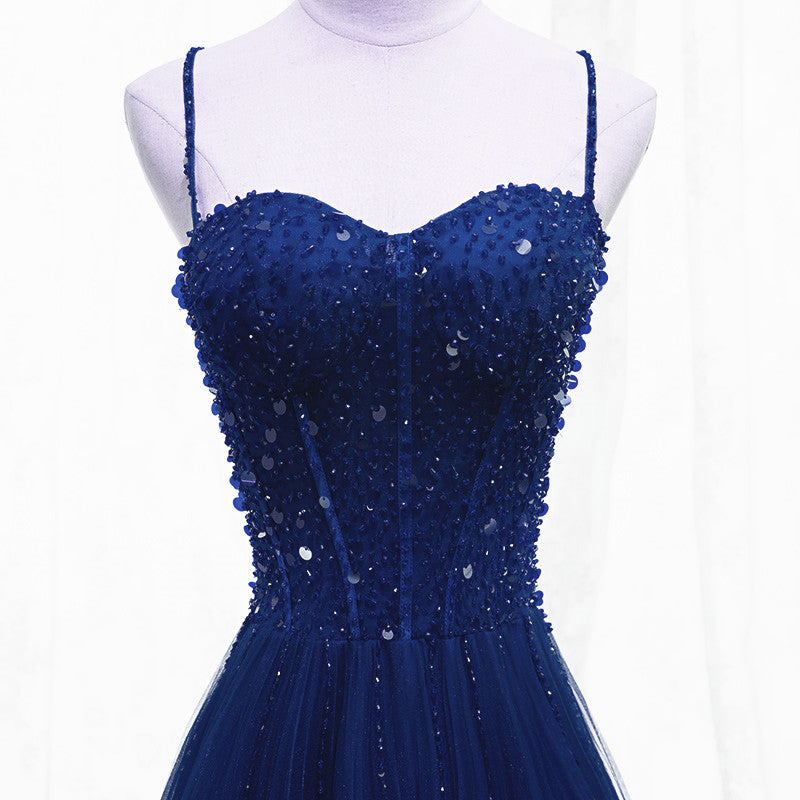 Blue Beaded Straps A-line Tulle New Prom Dress Party Dress