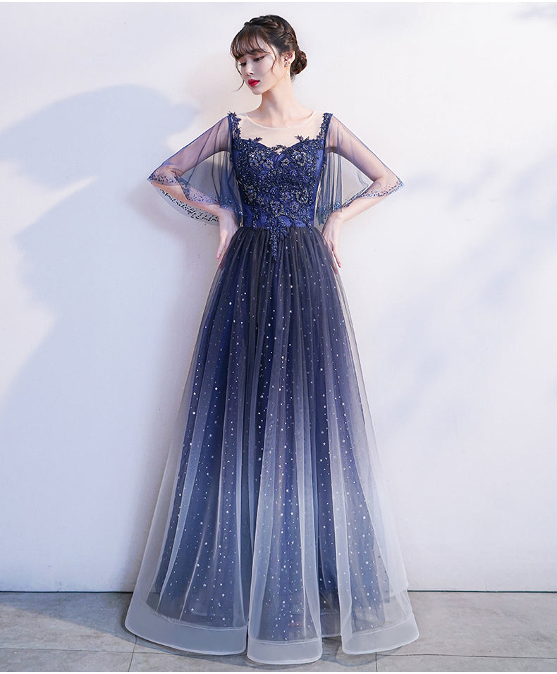 Blue Gradient Long Formal Dress with Puffy Sleeves