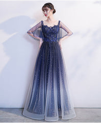 Blue Gradient Long Formal Dress with Puffy Sleeves