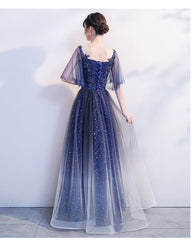 Blue Gradient Long Formal Dress with Puffy Sleeves