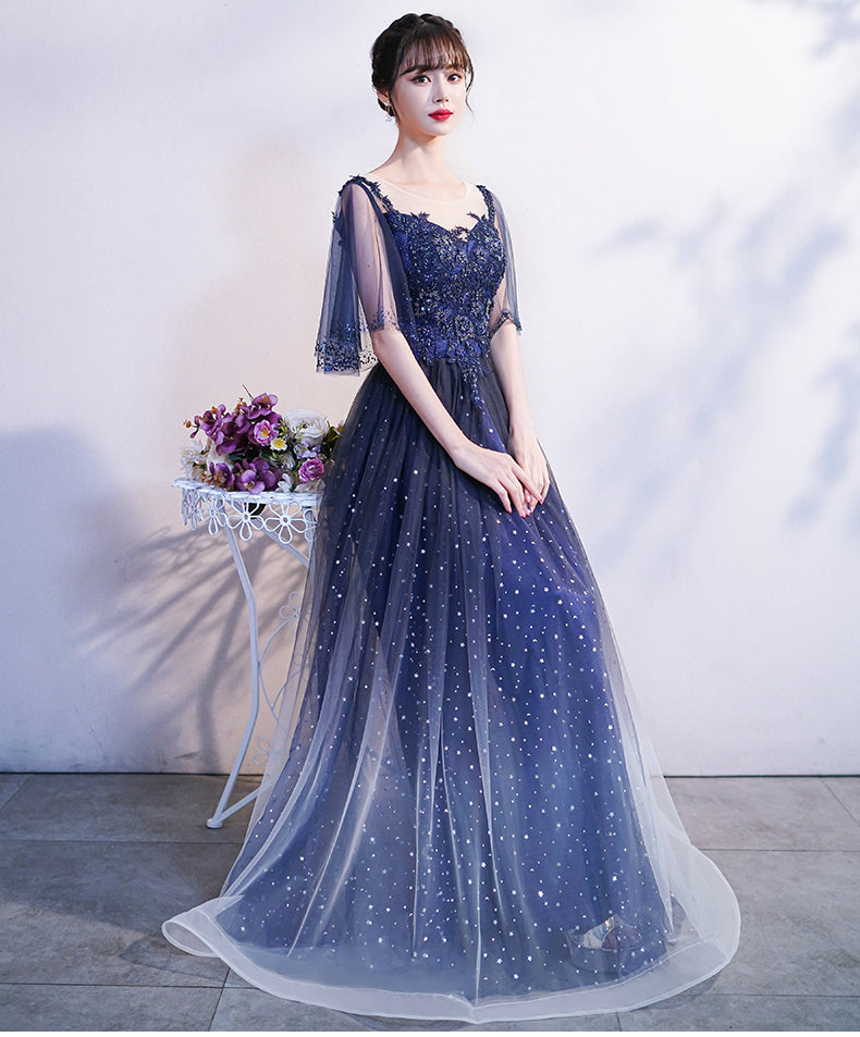 Blue Gradient Long Formal Dress with Puffy Sleeves
