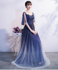 Blue Gradient Long Formal Dress with Puffy Sleeves