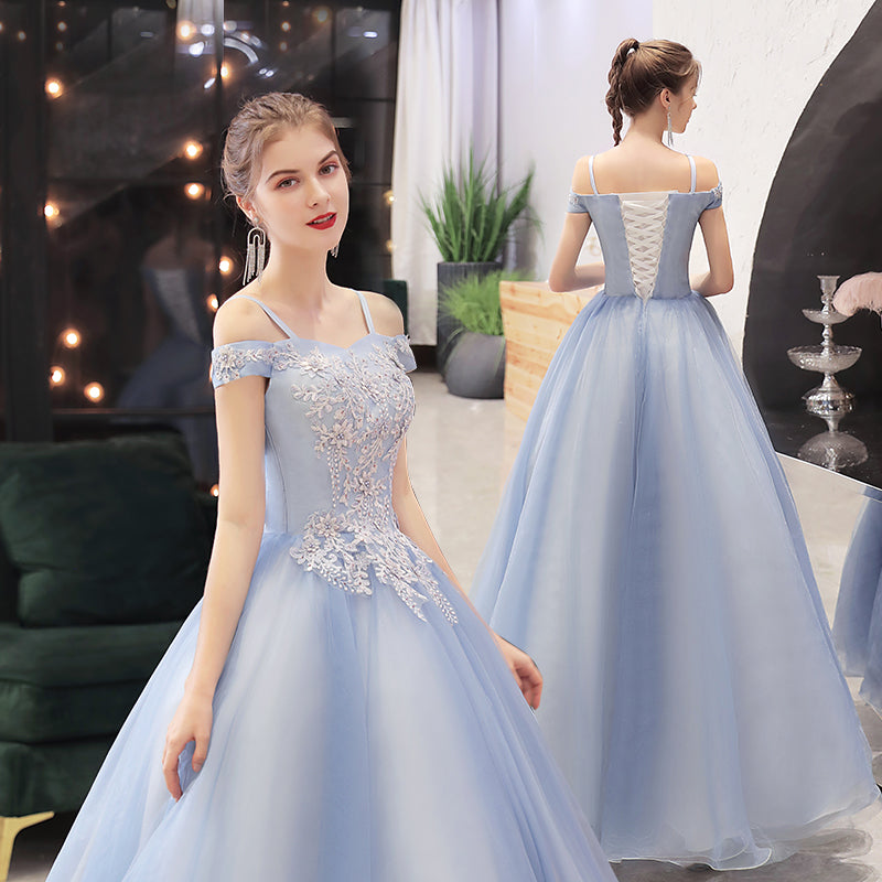 Blue Off Shoulder Long Party Dress with Lace Applique