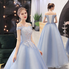 Blue Off Shoulder Long Party Dress with Lace Applique