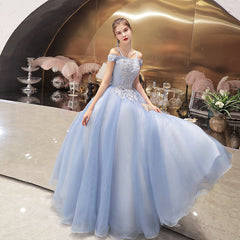Blue Off Shoulder Long Party Dress with Lace Applique