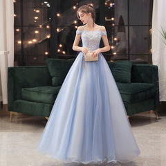 Blue Off Shoulder Long Party Dress with Lace Applique