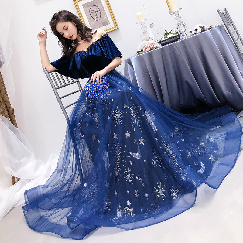 Blue Tulle Long Beaded  Party Dress