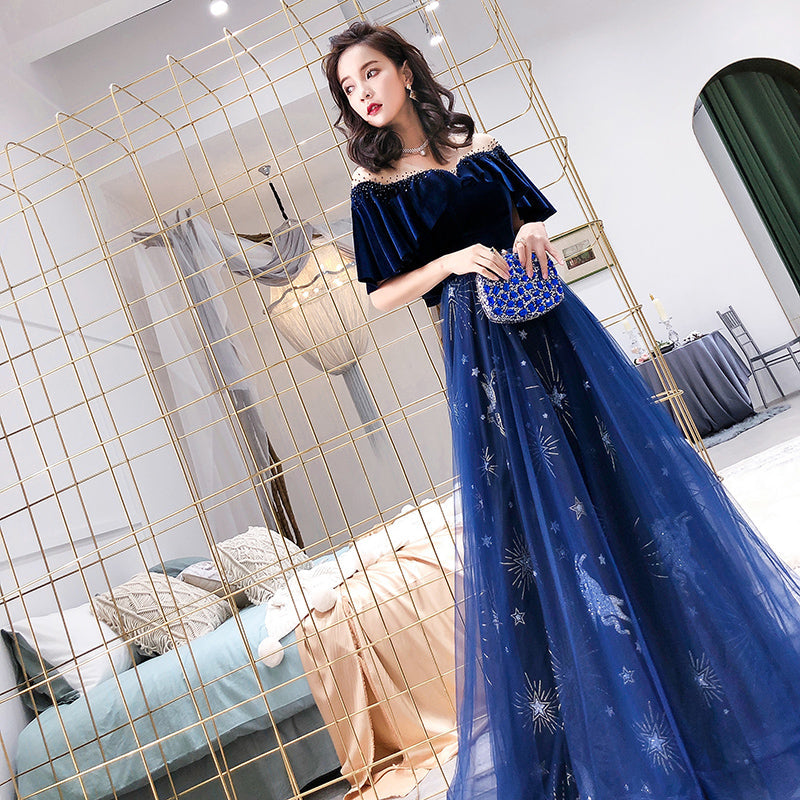 Blue Tulle Long Beaded  Party Dress