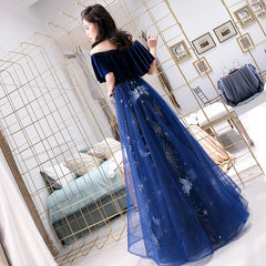 Blue Tulle Long Beaded  Party Dress