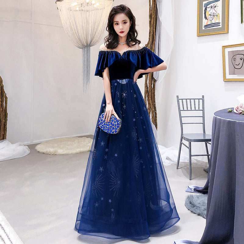 Blue Tulle Long Beaded  Party Dress