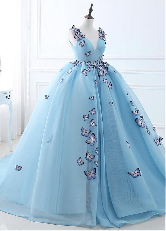 Blue Tulle Long Party Dress with butterfly