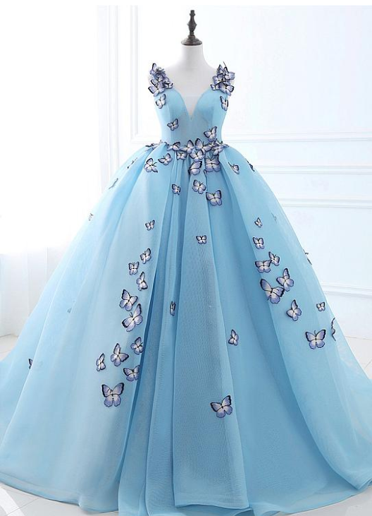 Blue Tulle Long Party Dress with butterfly