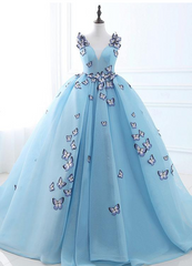 Blue Tulle Long Party Dress with butterfly