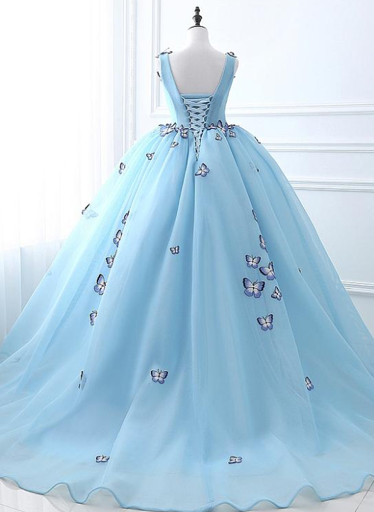 Blue Tulle Long Party Dress with butterfly