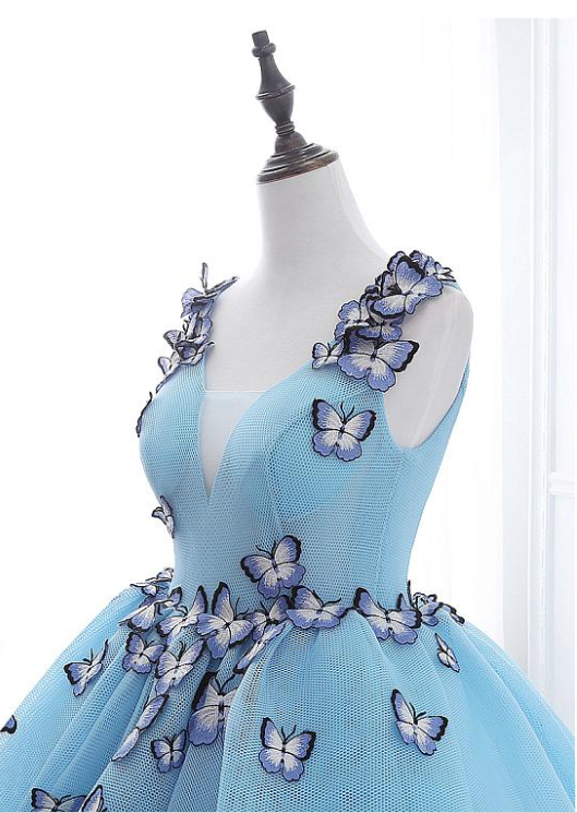 Blue Tulle Long Party Dress with butterfly