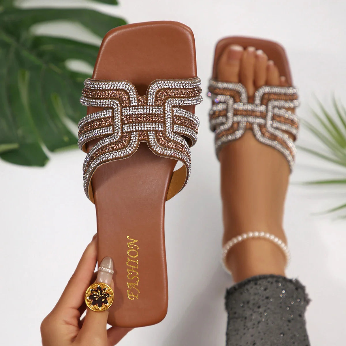 BrDesign Big Square Toe Pink Crystal Sandals Flat Heels Shiny Rhinestones Slippers Woman Plus Size Slides