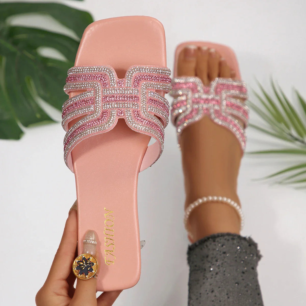 BrDesign Big Square Toe Pink Crystal Sandals Flat Heels Shiny Rhinestones Slippers Woman Plus Size Slides
