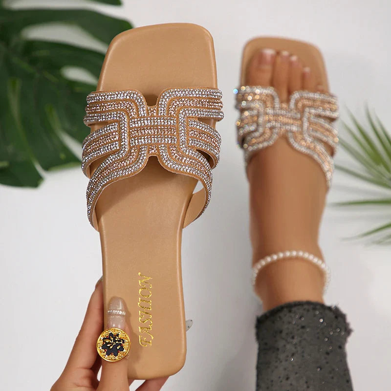 BrDesign Big Square Toe Pink Crystal Sandals Flat Heels Shiny Rhinestones Slippers Woman Plus Size Slides