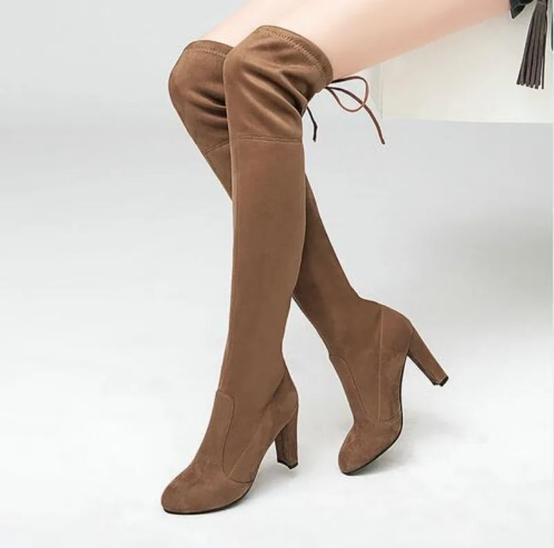 BrThigh High Botines Mujer Plush Fur Shoes Stovepipe Stretch Over Knee Long Boots Lace-up Velvet Knight Bottes