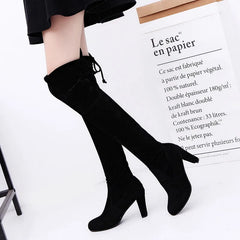 BrThigh High Botines Mujer Plush Fur Shoes Stovepipe Stretch Over Knee Long Boots Lace-up Velvet Knight Bottes