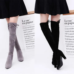 BrThigh High Botines Mujer Plush Fur Shoes Stovepipe Stretch Over Knee Long Boots Lace-up Velvet Knight Bottes