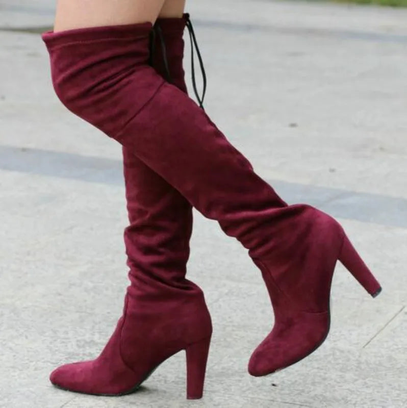 BrThigh High Botines Mujer Plush Fur Shoes Stovepipe Stretch Over Knee Long Boots Lace-up Velvet Knight Bottes