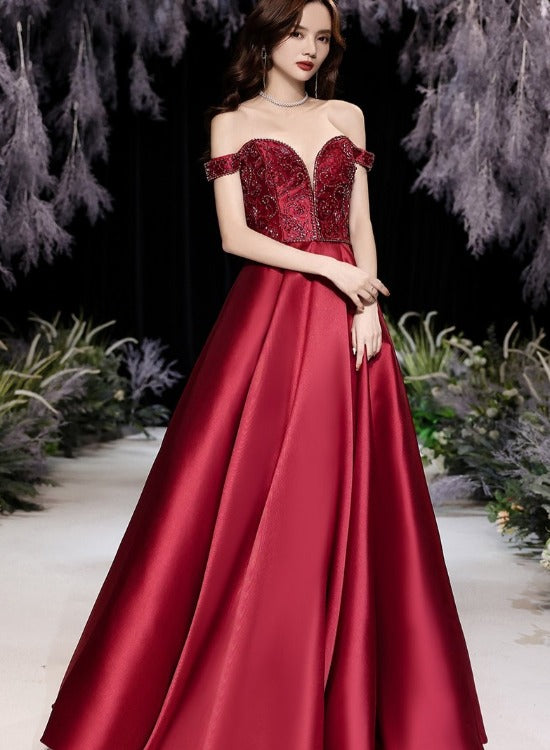Burgundy Beaded Satin Long Off Shoulder Prom Dress