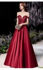 Burgundy Beaded Satin Long Off Shoulder Prom Dress