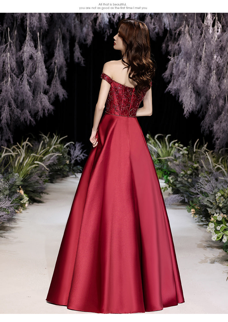 Burgundy Beaded Satin Long Off Shoulder Prom Dress