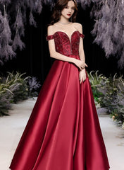 Burgundy Beaded Satin Long Off Shoulder Prom Dress