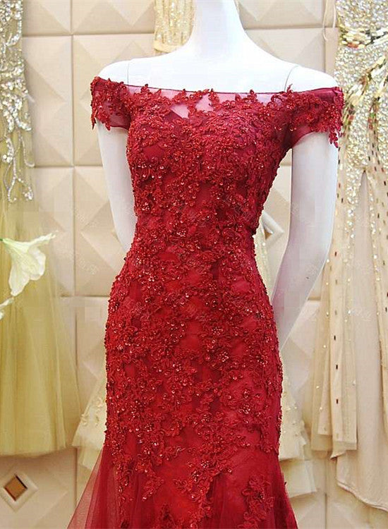Vestido de noche de tul sirena burdeos con apliques de encaje 