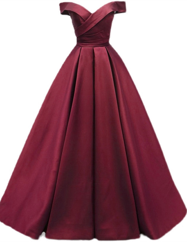 Vestido de fiesta sencillo color burdeos, de satén, largo hasta el suelo, con hombros descubiertos 